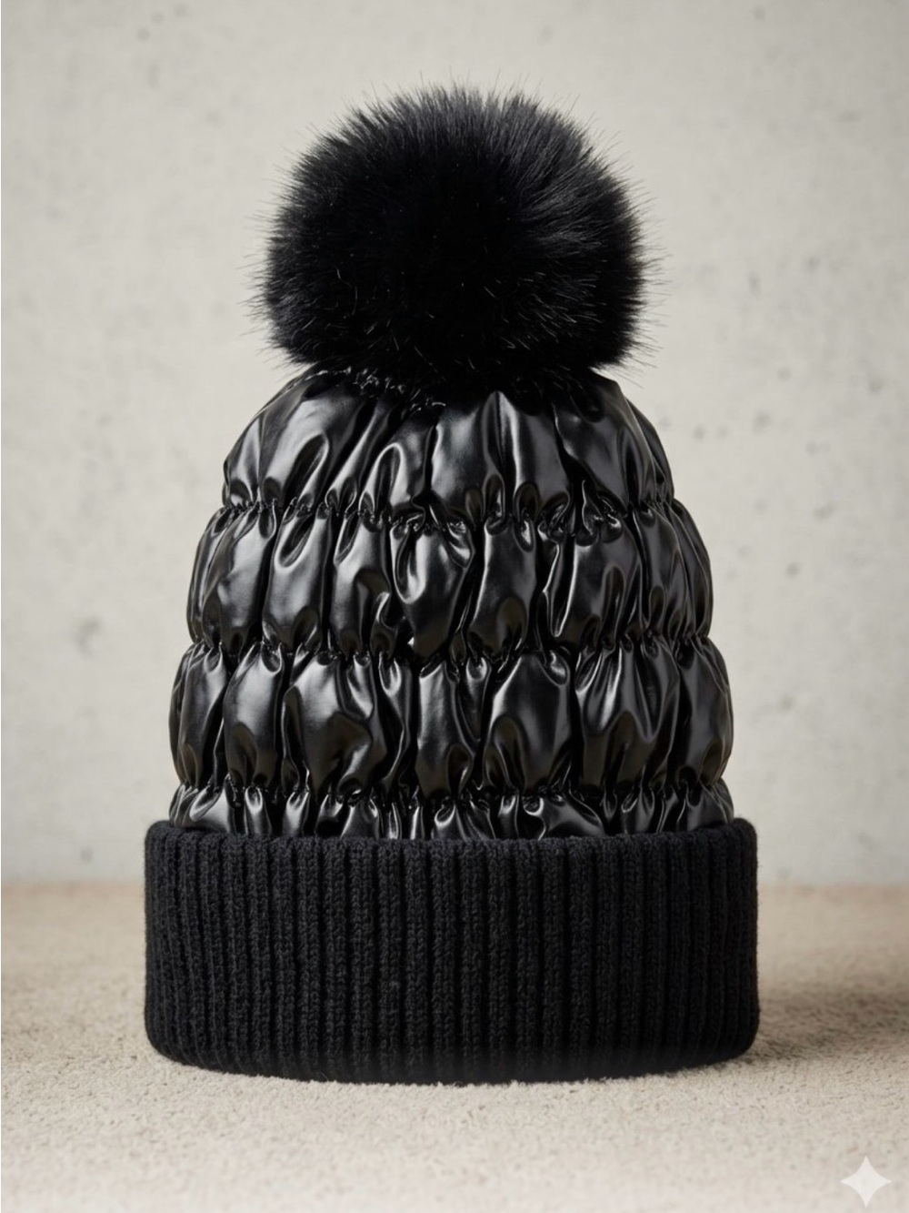 Windsor Black Quilted Pom-Pom Beanie